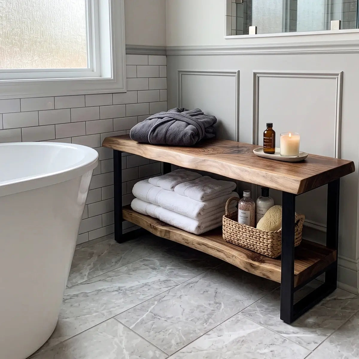 Two-tier wood bathroom bench beside a freestanding tub with folded towels and toiletries