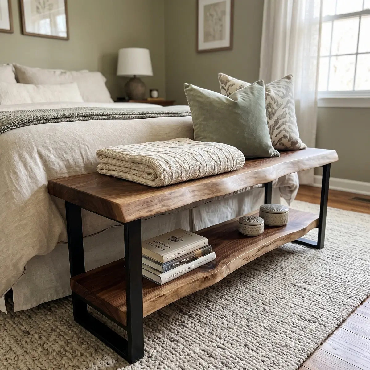 Live edge wood bench in a bedroom with folded blankets and open lower storage shelf