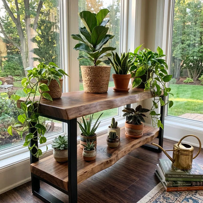 Two-tier solid wood bench used as a plant stand with potted houseplants by a large window