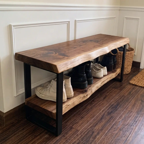Solid wood live edge entryway shoe bench with open lower shelf and black metal frame
