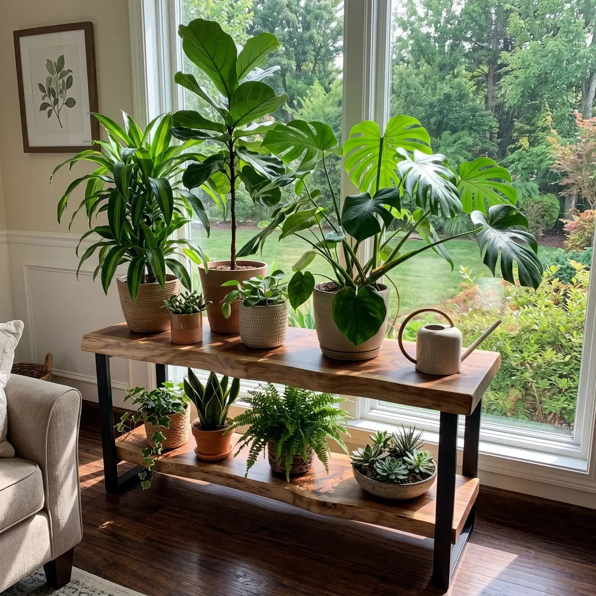 Solid wood two-tier plant stand bench displaying potted plants beside a living room window