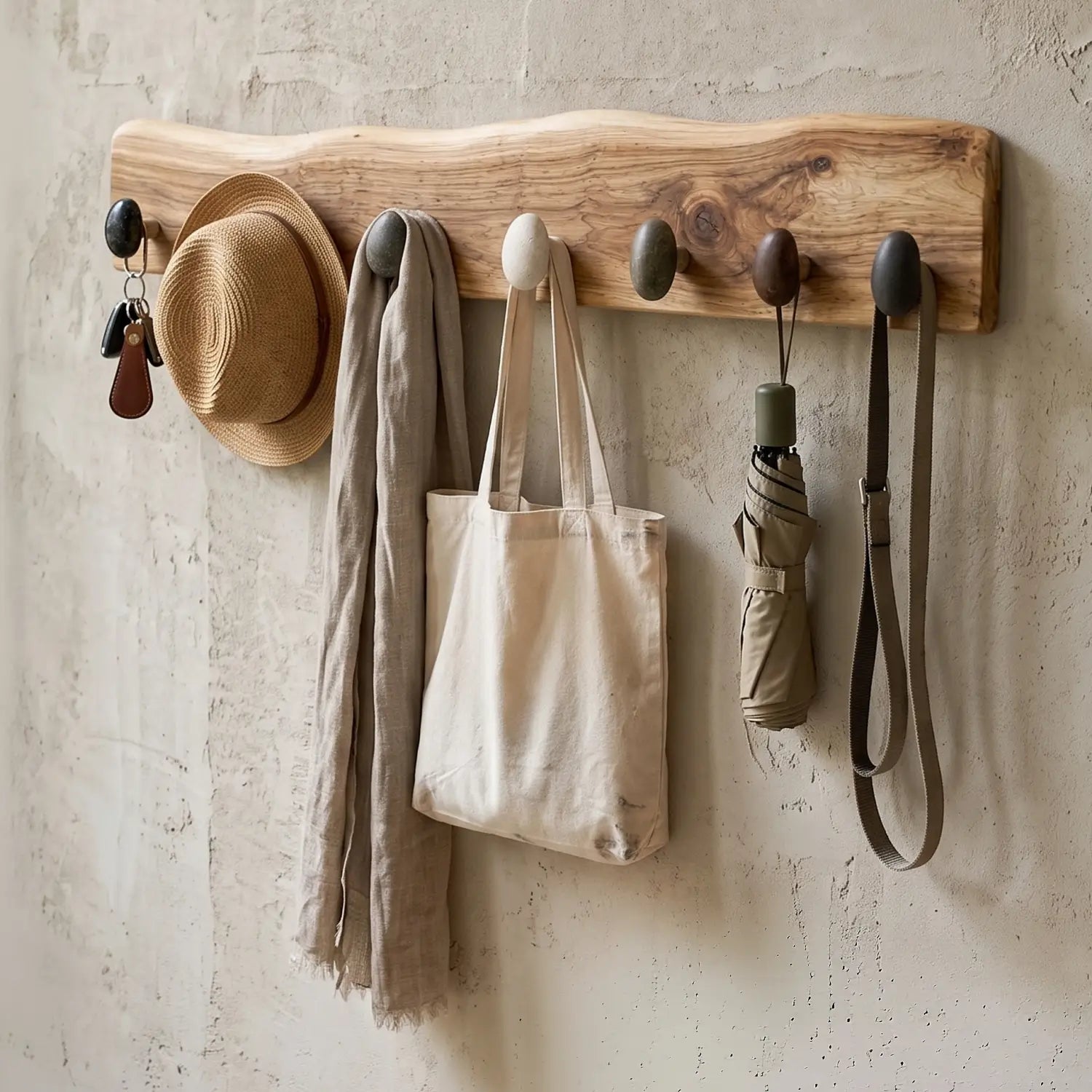 Live Edge Natural Wood Pebble Wall Hook Rack