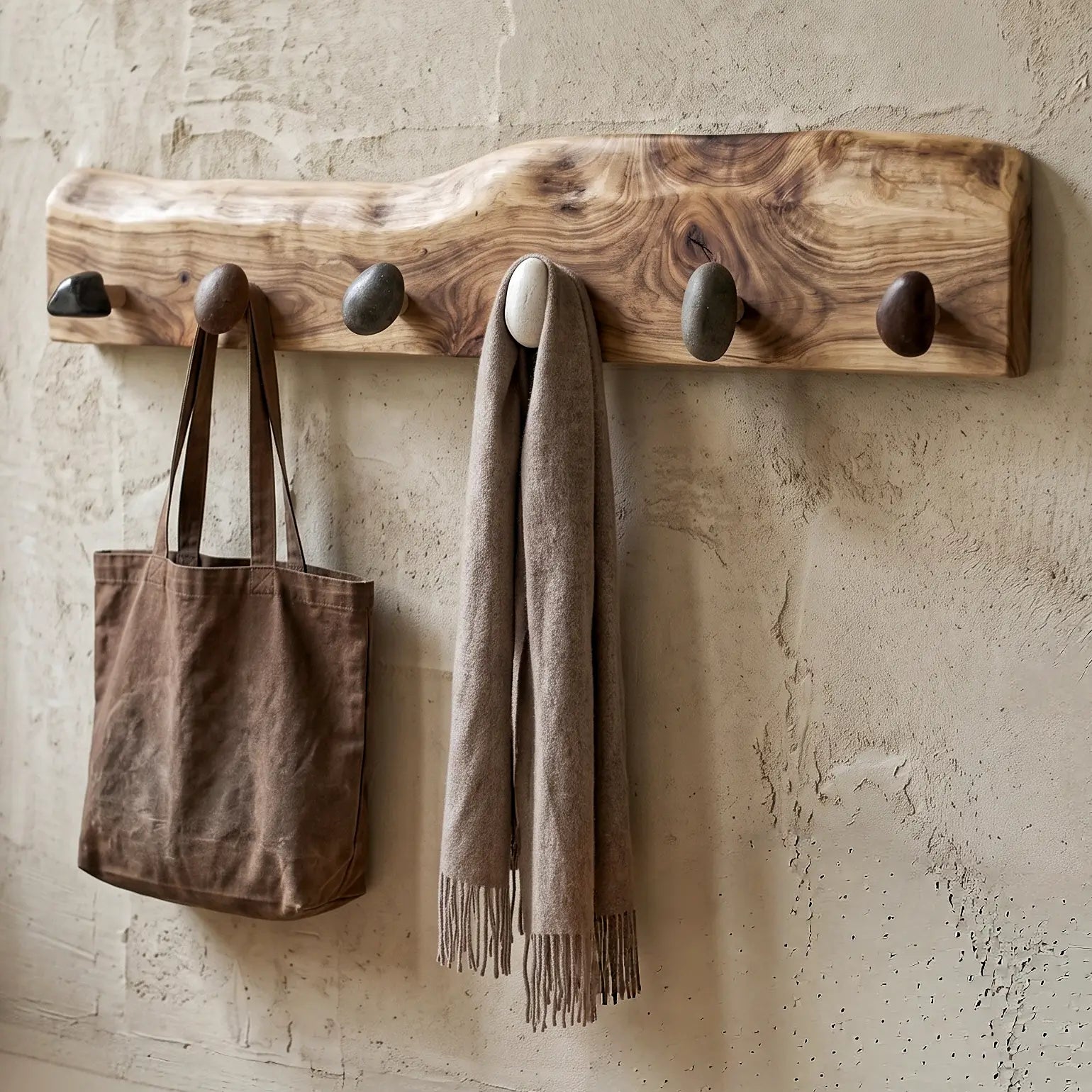 Live Edge Natural Wood Pebble Wall Hook Rack