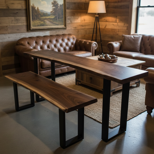 Handcrafted solid wood live edge bar table in walnut color with matching benches and matte black steel legs, styled in cozy dining nook with brown leather seating