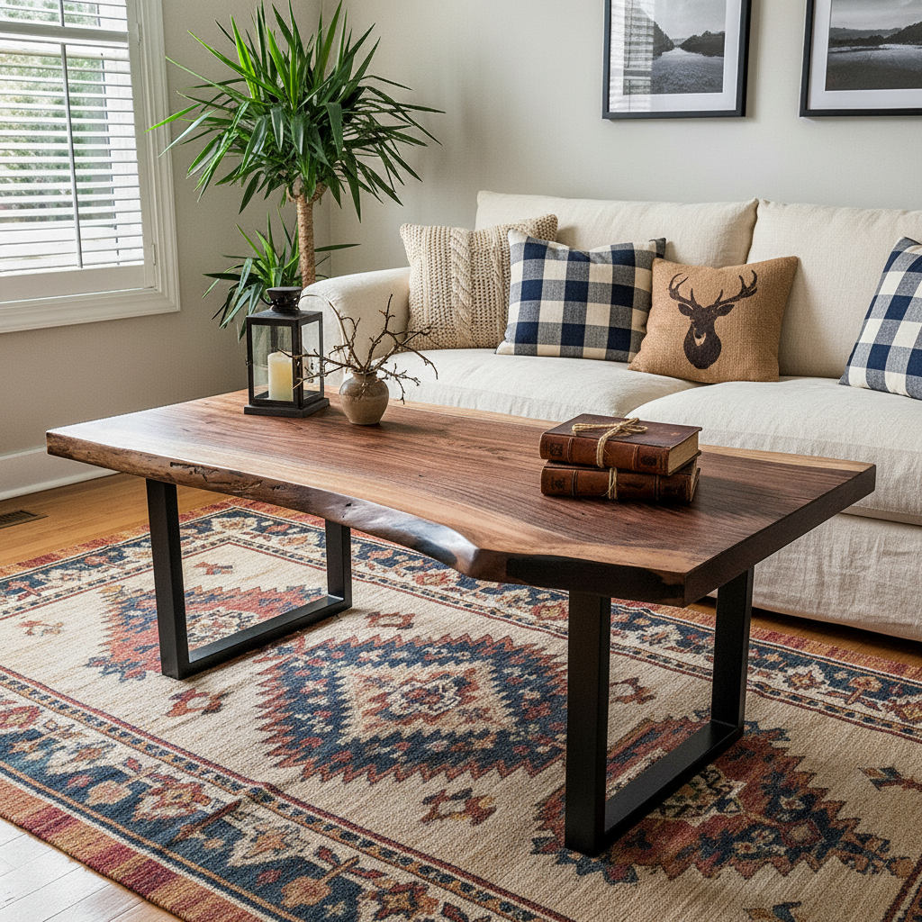 Solid wood live edge coffee table in walnut color with matte black legs, placed in bright living room with patterned rug and light sofa