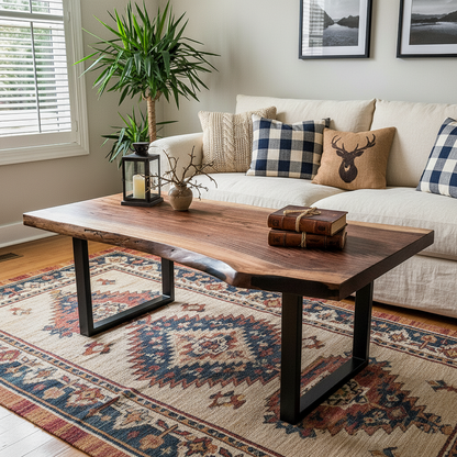 Solid wood live edge coffee table in walnut color with matte black legs, placed in bright living room with patterned rug and light sofa