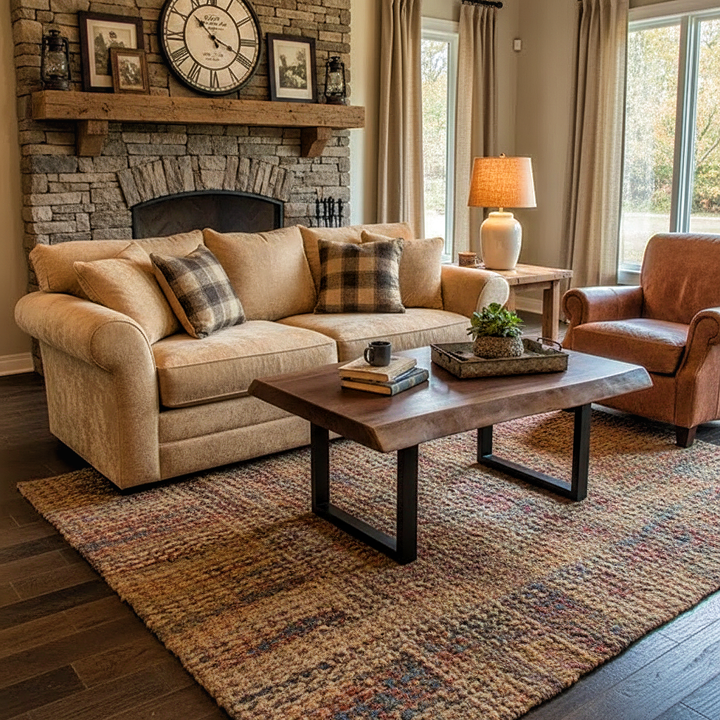 Solid wood live edge coffee table in walnut color finish with black steel legs, placed in cozy living room with beige sofa and stone fireplace