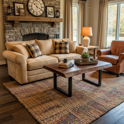 Solid wood live edge coffee table in walnut color finish with black steel legs, placed in cozy living room with beige sofa and stone fireplace