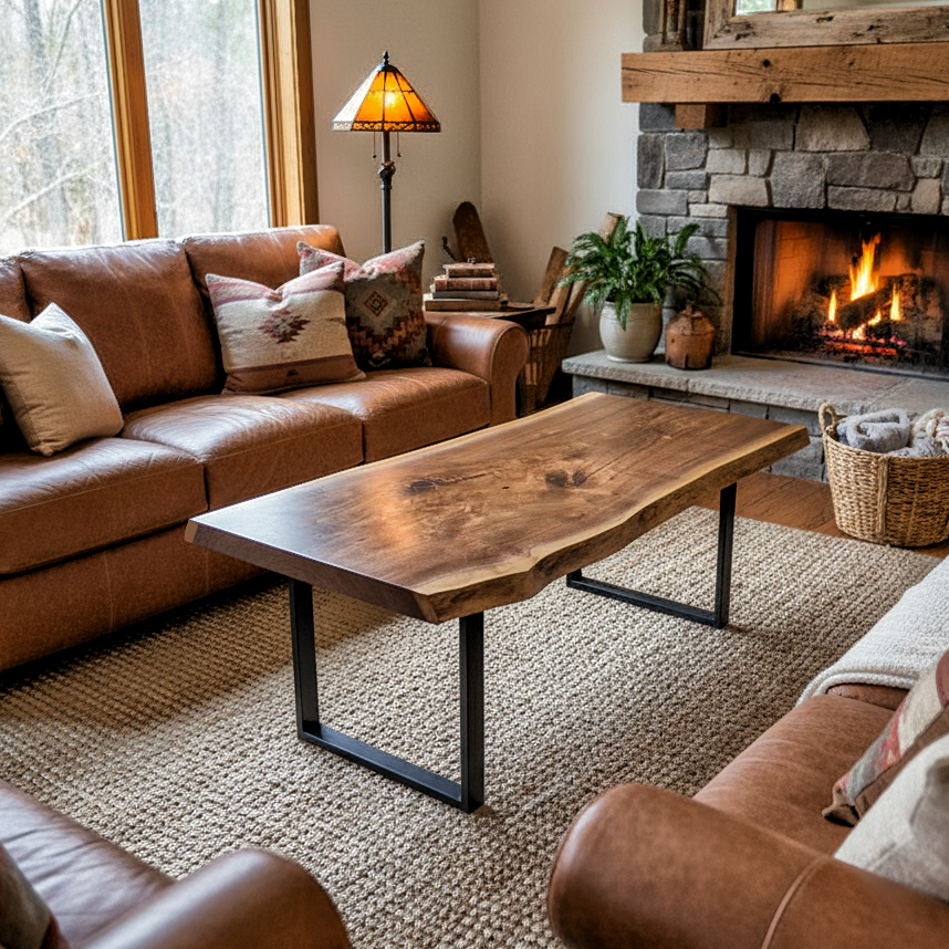 Handcrafted solid wood live edge coffee table in walnut color finish and matte black legs, styled with brown leather sofas and stone fireplace