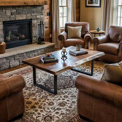 Solid wood live edge coffee table in walnut color finish and black steel base, surrounded by brown leather sofas and stone fireplace