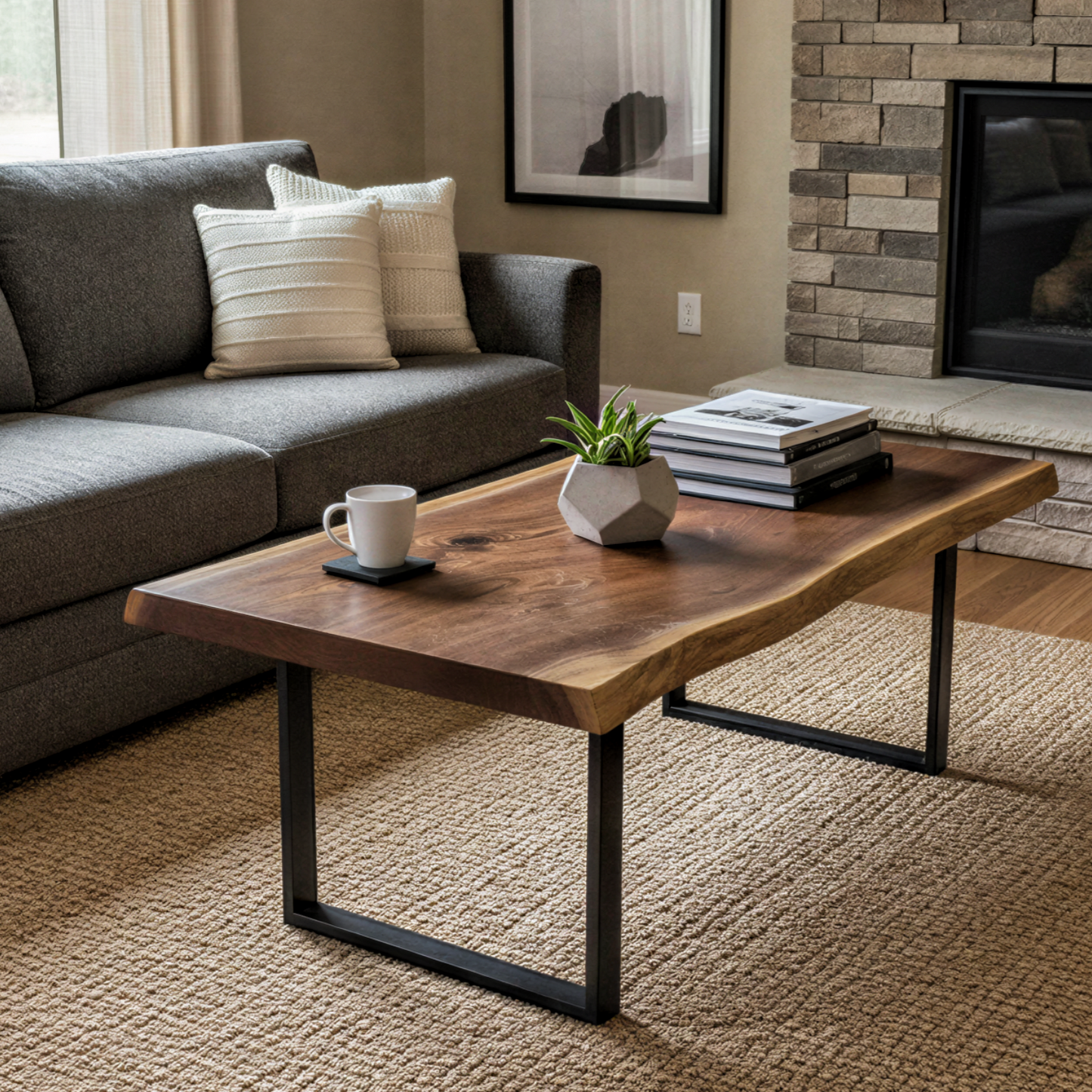 Handcrafted solid wood live edge coffee table in walnut color finish with black steel legs, styled beside grey sofa and stone fireplace