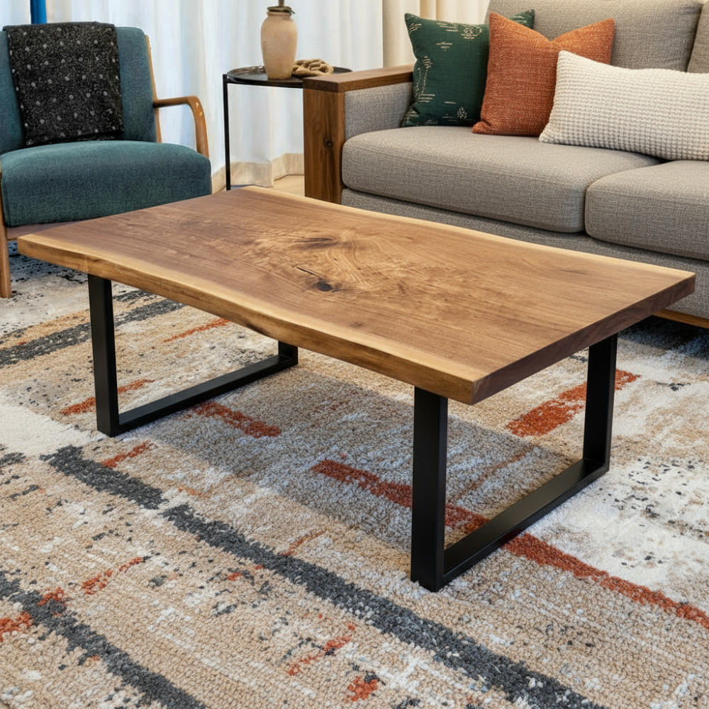 Modern living room with solid wood live edge coffee table in walnut color and black steel base paired with contemporary fabric sofa