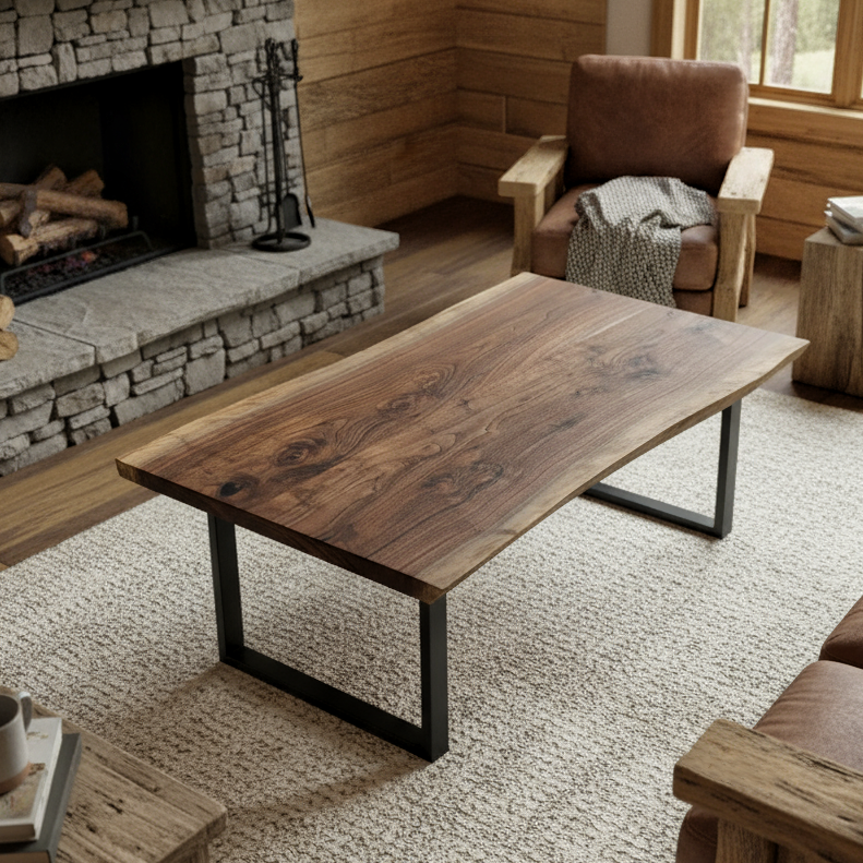 Rustic living room corner featuring solid wood live edge coffee table in walnut color finish with black metal legs