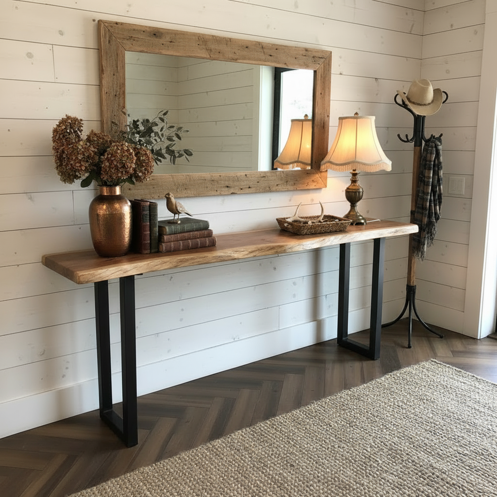 Live edge solid wood console table with warm walnut finish, styled in a cozy farmhouse entryway with mirror and lamp.
