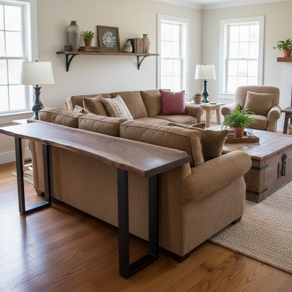 Solid wood live edge console table in walnut color finish with black steel base placed behind sectional sofa in modern living room