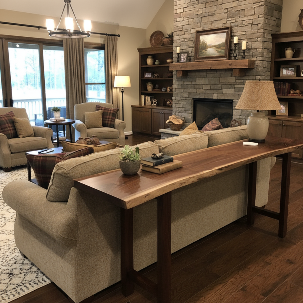Solid wood live edge console table in walnut color finish with black steel legs placed behind sofa in living room facing stone fireplace