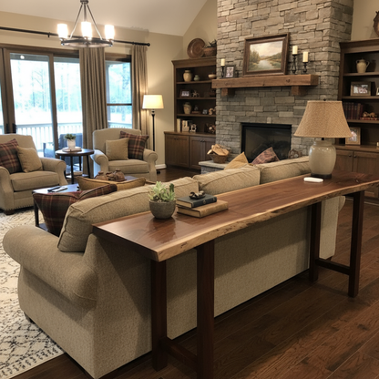 Solid wood live edge console table in walnut color finish with black steel legs placed behind sofa in living room facing stone fireplace