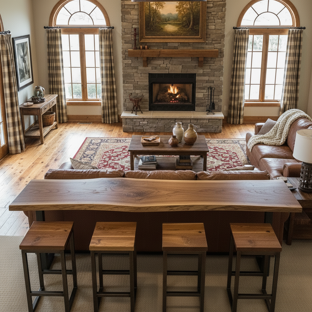 Solid wood live edge console table with walnut color finish and black steel legs, paired with two stools in classic living room