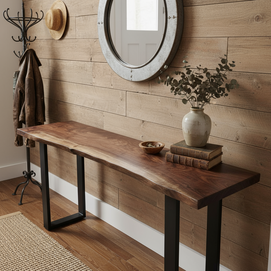 Live edge solid wood entryway table in walnut color with matte black steel legs, styled with coat hooks and vase on rustic wall