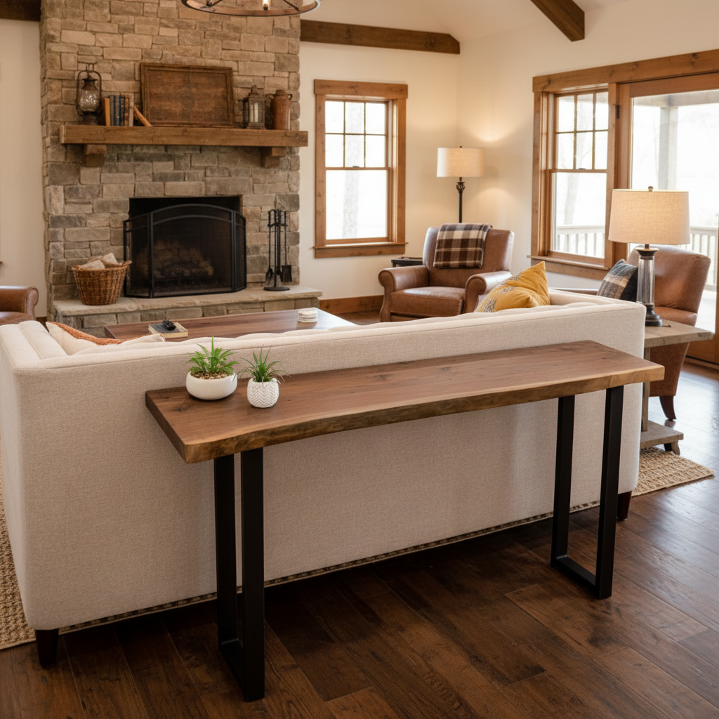 Solid wood live edge console table in walnut color finish with black steel legs placed behind sofa facing stone fireplace