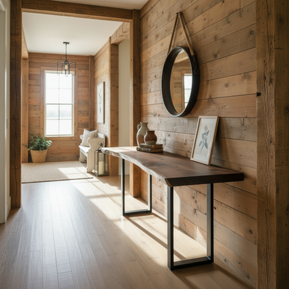 Entryway hallway setup with solid wood live edge console table in walnut color, round mirror and framed prints