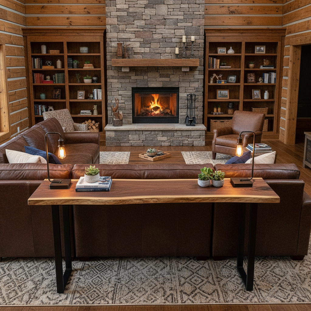 Solid wood live edge console table in walnut color placed in living room library with fireplace and bookshelves