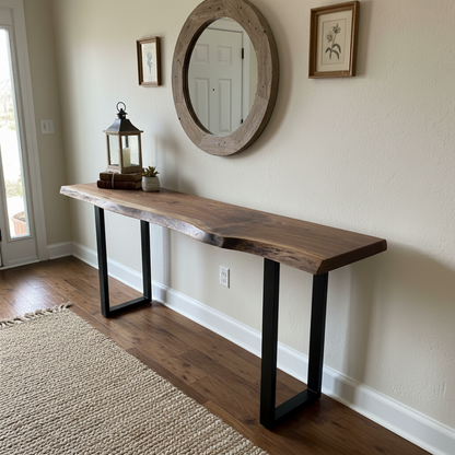 Solid wood live edge console table in walnut color finish with black steel legs, placed in entryway under round mirror and wall art