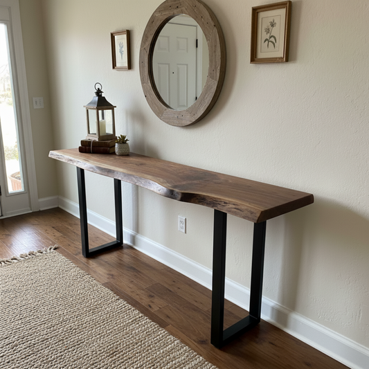 Solid wood live edge console table in walnut color finish with black steel legs, placed in entryway under round mirror and wall art