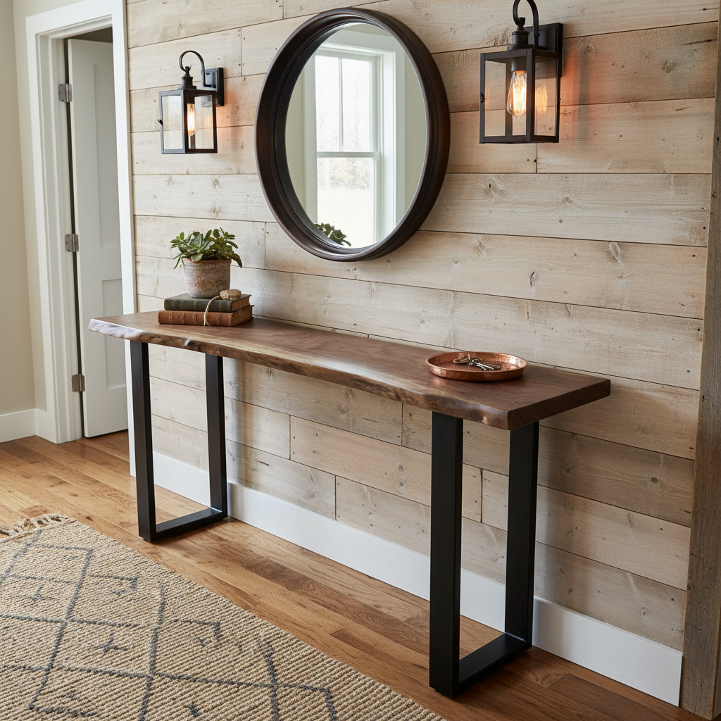 Solid wood console table with live edge walnut color top and black metal legs under round mirror and wall lamp