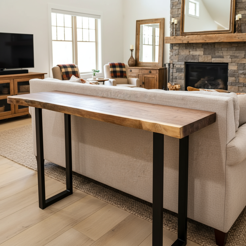 Handcrafted solid wood live edge sofa table in walnut color with matte black steel legs, positioned behind light-colored sofa in bright living room