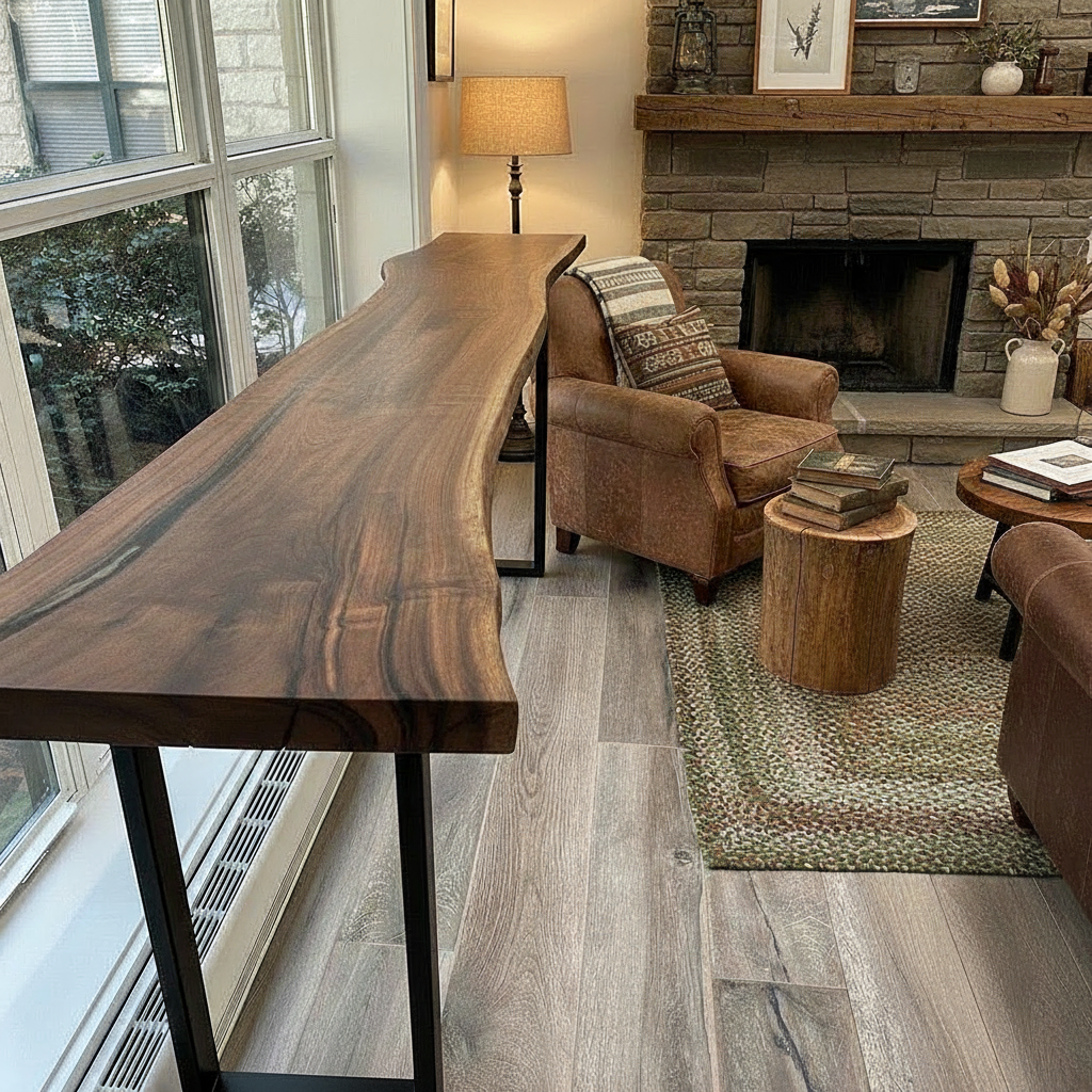 Live edge solid wood console table in walnut color finish near window, with fireplace and armchairs in cozy living space