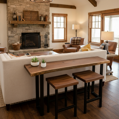 Handcrafted solid wood live edge console table in walnut color finish with matching stools tucked underneath behind sofa