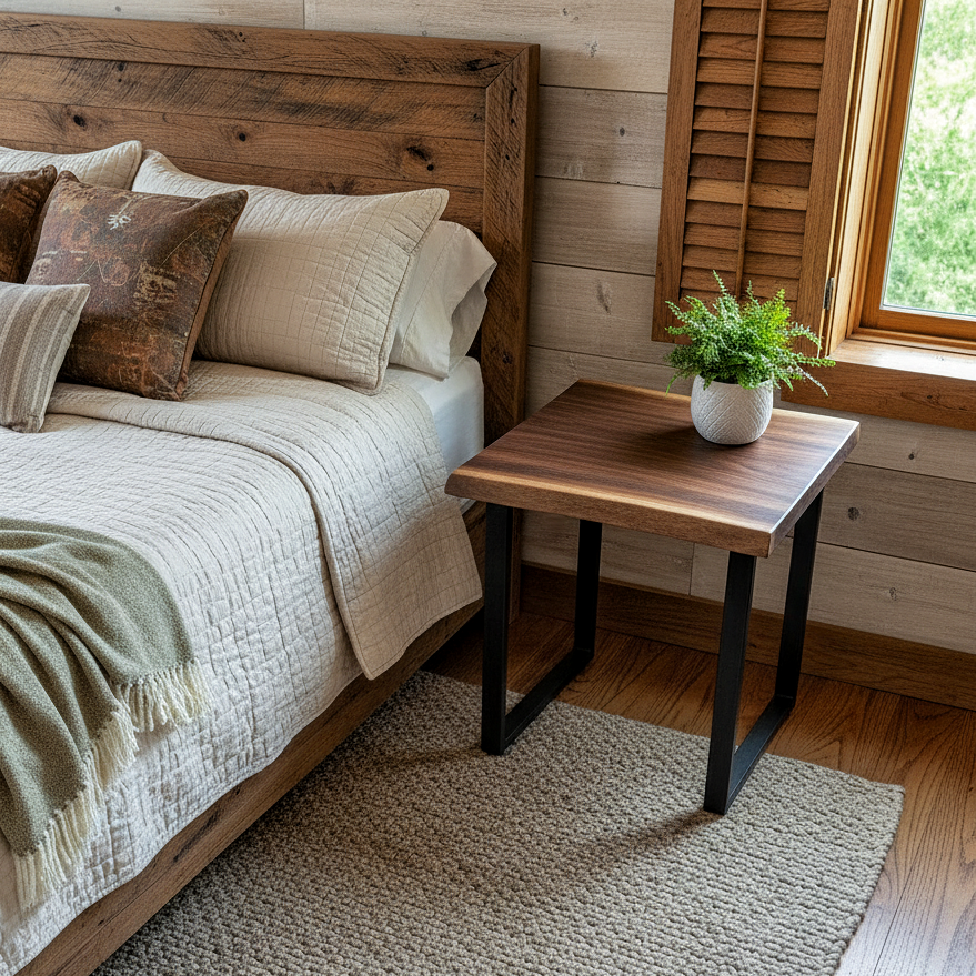 Bedroom scene with solid wood live edge side table in walnut color finish and black steel base beside window