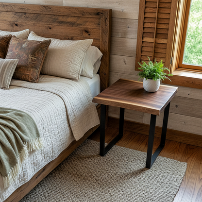 Bedroom scene with solid wood live edge side table in walnut color finish and black steel base beside window