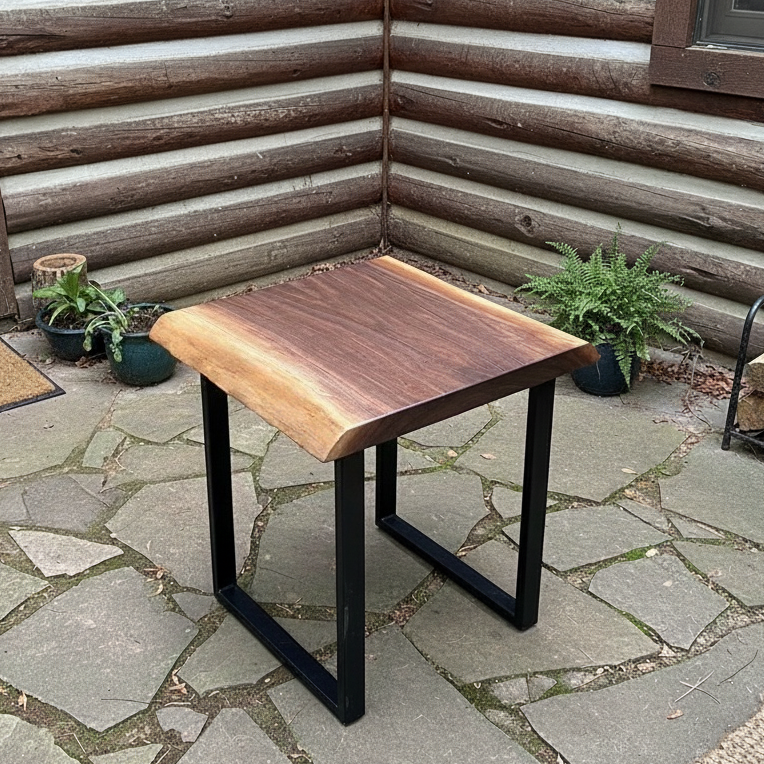 Solid wood live edge side table in walnut color with black steel legs placed on outdoor stone floor near log wall