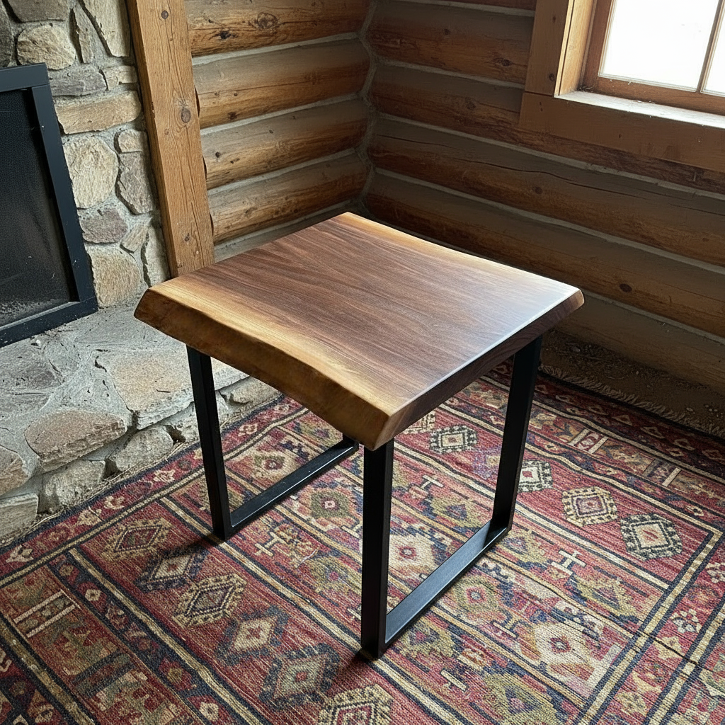 Rustic log-style interior featuring solid wood live edge side table in walnut color finish and black steel legs