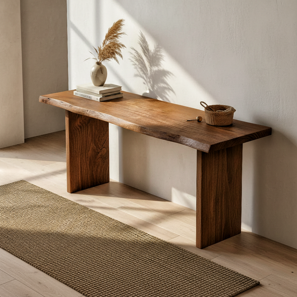 Rustic solid wood entryway console table with natural live edge design and warm walnut color finish, styled with vase, books, and woven basket in sunlit interior