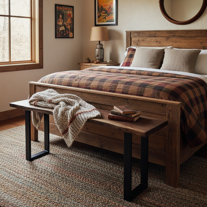 Solid wood live edge bench with black steel legs placed at the end of bed in walnut color finish