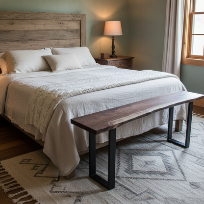 Minimalist bedroom featuring solid wood live edge bench in walnut matte finish