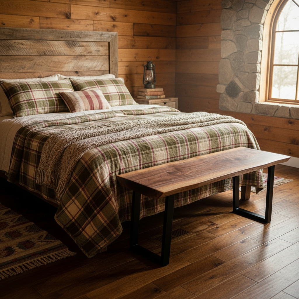 Rustic bedroom setup with solid wood live edge bench in walnut finish at the foot of a wooden bed