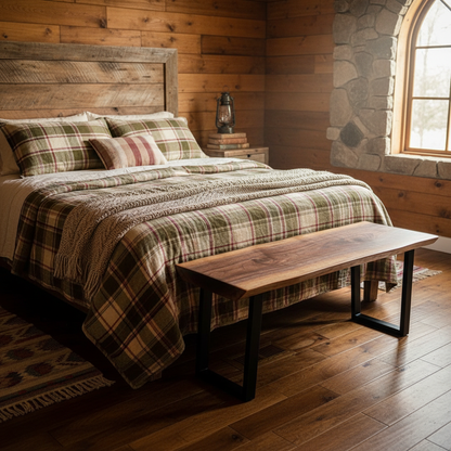 Rustic bedroom setup with solid wood live edge bench in walnut finish at the foot of a wooden bed