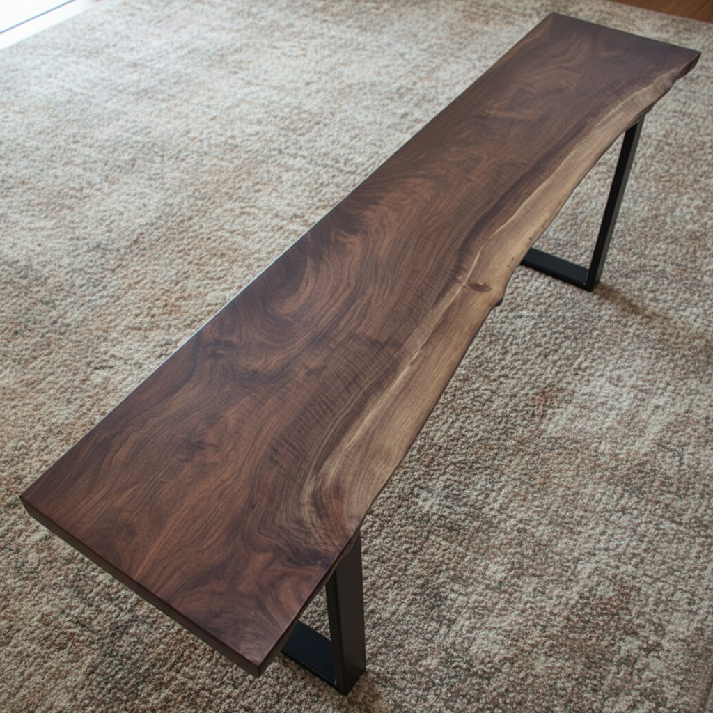 Close-up of handcrafted solid wood bench showing natural live edge and matte oil walnut color finish