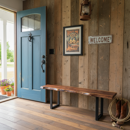 Solid wood bench with natural live edge in walnut color positioned near entry door with wooden wall background