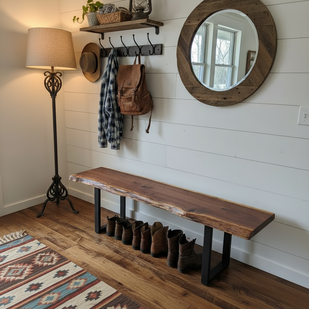 Entryway decor featuring solid wood live edge bench in walnut color beneath a round mirror