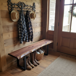 Solid wood live edge bench in walnut color placed in entryway with rustic wall panel and coat hooks