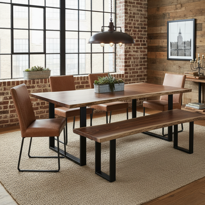 Industrial loft dining space with solid wood live edge dining table and bench in walnut color finish