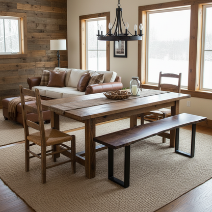Modern dining room with solid live edge dining table set in walnut color and black metal legs