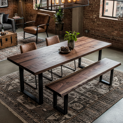 Rustic dining area featuring solid wood live edge dining table and matching benches in walnut tone