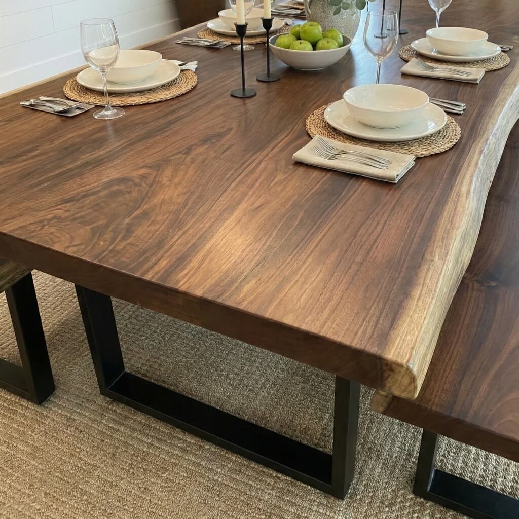 Live Edge Dining Table & Bench Set | Solid Wood Farmhouse Dining Set
