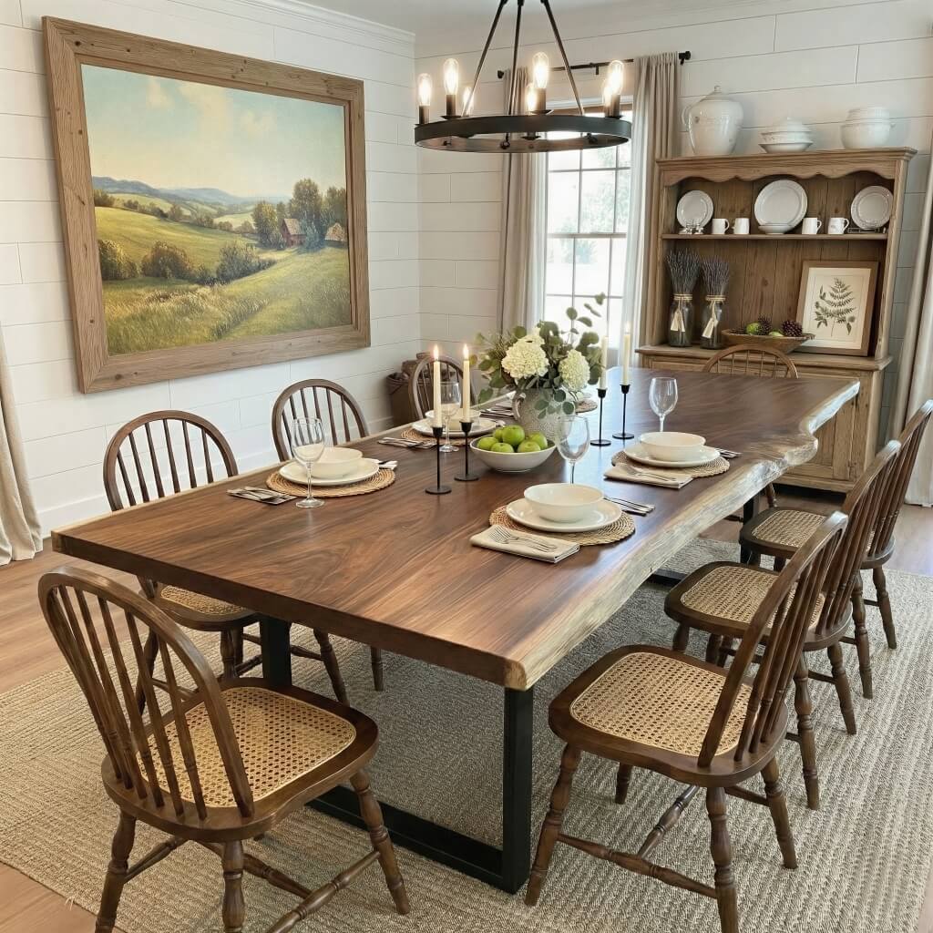 Live Edge Dining Table & Bench Set | Solid Wood Farmhouse Dining Set